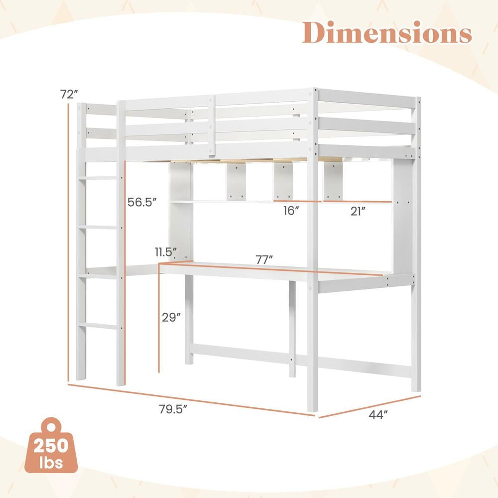 Barara King Twin Size Bedroom Bed Frame with Desk and Shelves, Bed Platform Frame for Home Dorm, Apartment, No Box Spring Needed, White
