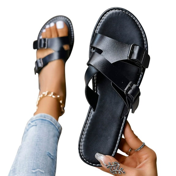 AXXD Black Sandals for Women Summer Wearing Belt Buckle Hollow Sandals Beach Shoes