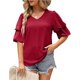 thumbnail image 2 of Blusa de manga corta con volantes para mujer, cuello en V, manga abombada, blusa lisa, Tops holgados para citas en el trabajo, rojo vino L, 2 of 6