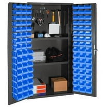 Durham 3501-DLP-PB-96-2S-5295 14 Gauge Flush Door Style Lockable Cabinet with Steel Pegboard & 96 Blue Hook on Bins & 2 Adjustable Shelves, Gray - 36 in.