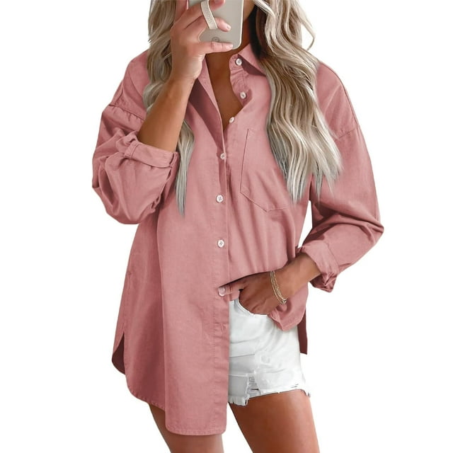 Camisa elegante de mezclilla para mujer, cuello en V, manga larga, corte holgado