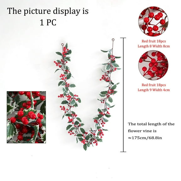 Luoshdecor Christmas Holly Berry Vine for Winter Tree Decor,Artificial Holly Leaves Hanging Vine Garlands with Red Berries for Wedding Party Home Decoration 68.8 in