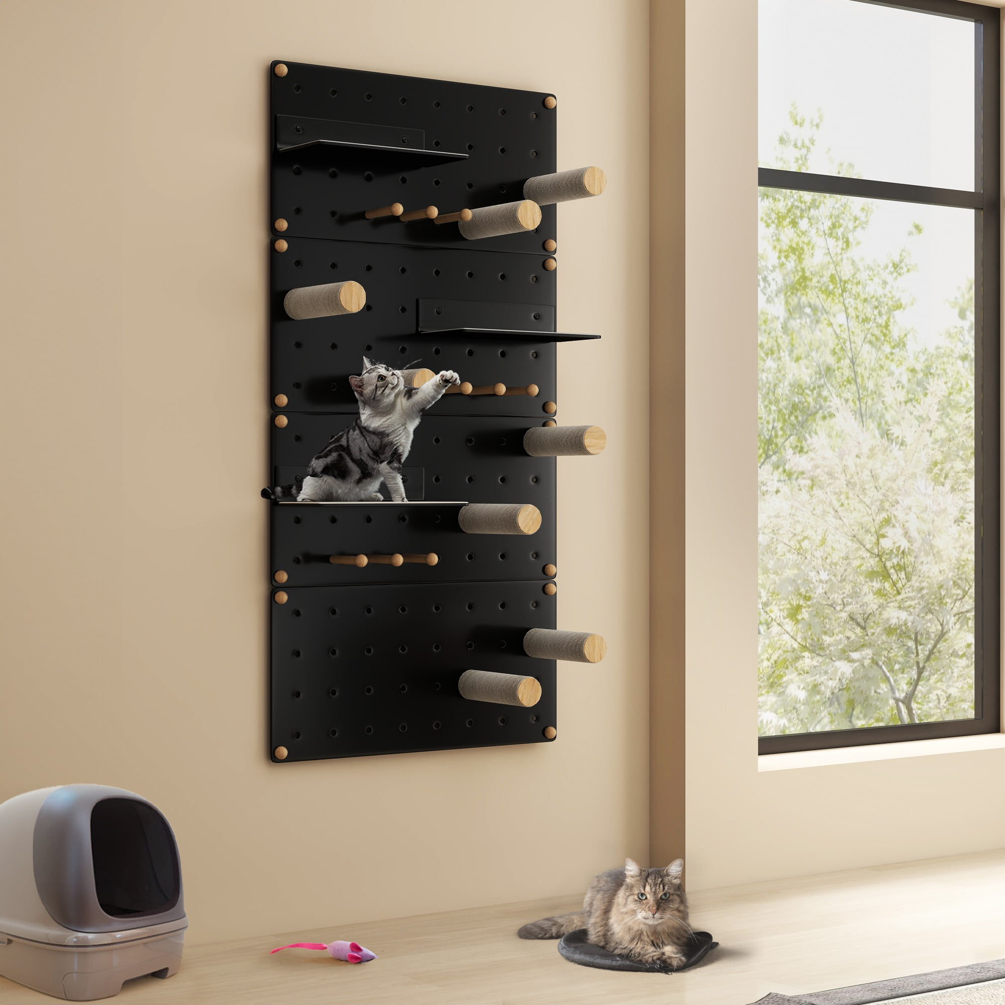 Kadyn 31" Wall-Mounted Cat Shelves and Steps Set, Mounted Cat Tree Tower for Adult Cats, Indoor Cat Sleeping Playing Lounging Climbing Furniture, Black