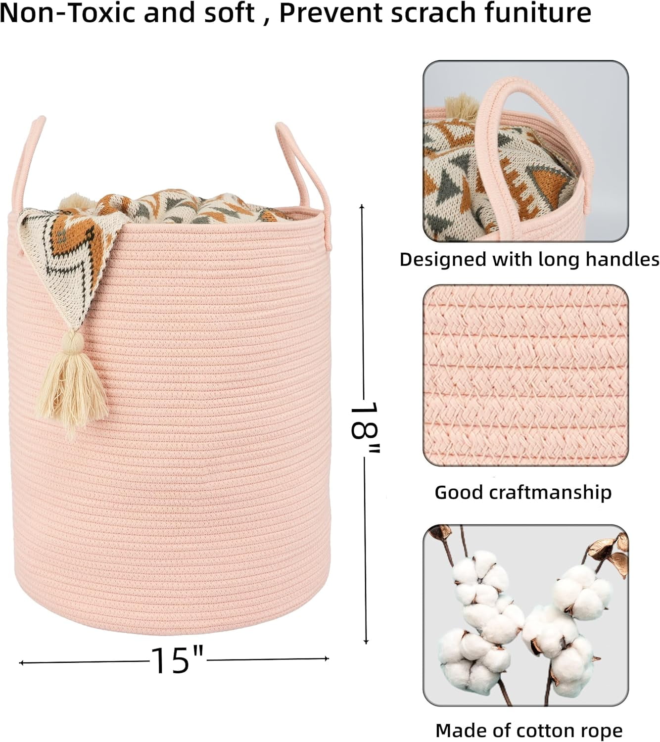 WarmHaven Cotton Rope Laundry Basket Hamper for Clothes Woven Storage Basket for Living Room Bedroom Boho Tall Rope Baskets for Blanket Toys Pillow Towels Baby Nursery Hamper Bin coral pink