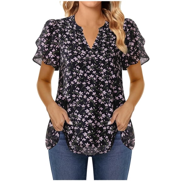 Vetsdori Women's Summer Fashion Chiffon Graphicing Casual V-Neck Short Sleeve T-shirt Tops