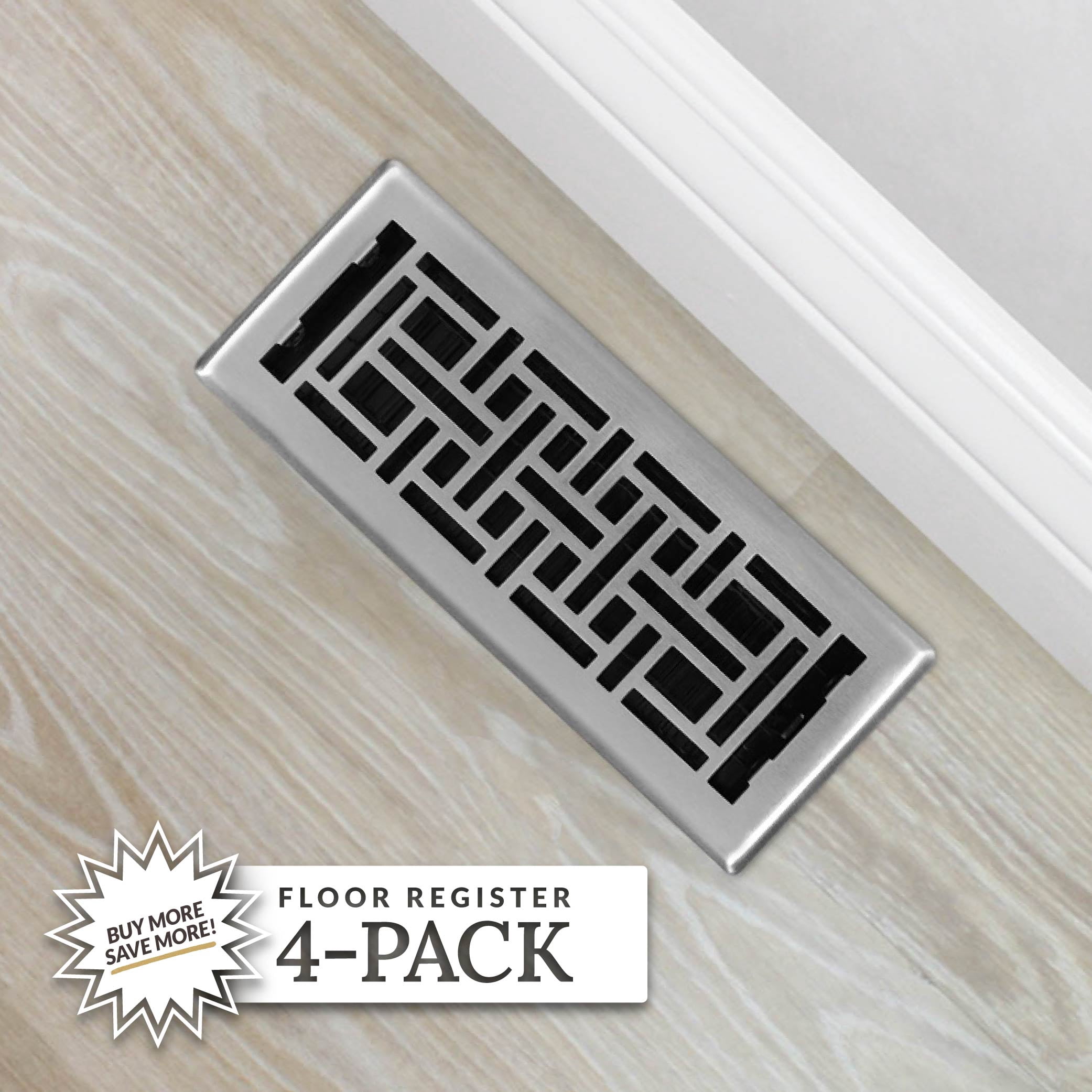 Decor Grates (4-Pack) 4x12 Oriental Floor Register Vent Cover, Adjustable Airflow Control, Brushed Nickel (AJH412-NKL)
