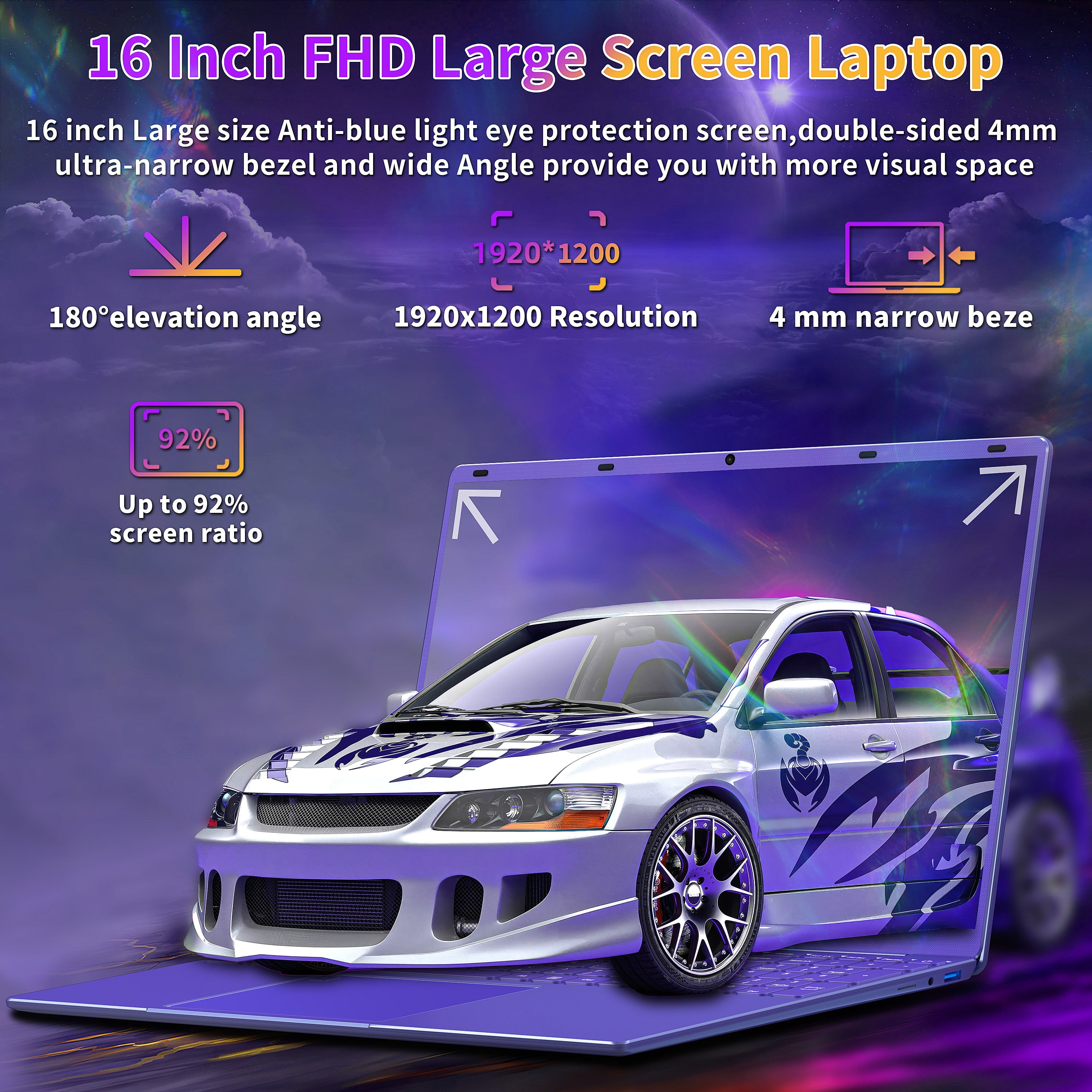 Rumtuk 16 inch Purple Laptop, LPDDR4 16G RAM, 512GB NVMe SSD, 2K FHD IPS, Win 11 Pro/Office 2019, Celeron N95 CPU , Color Backlit KB, Finger Print, USB3.0, WIFI, Gaming PC Notebook for Work Study