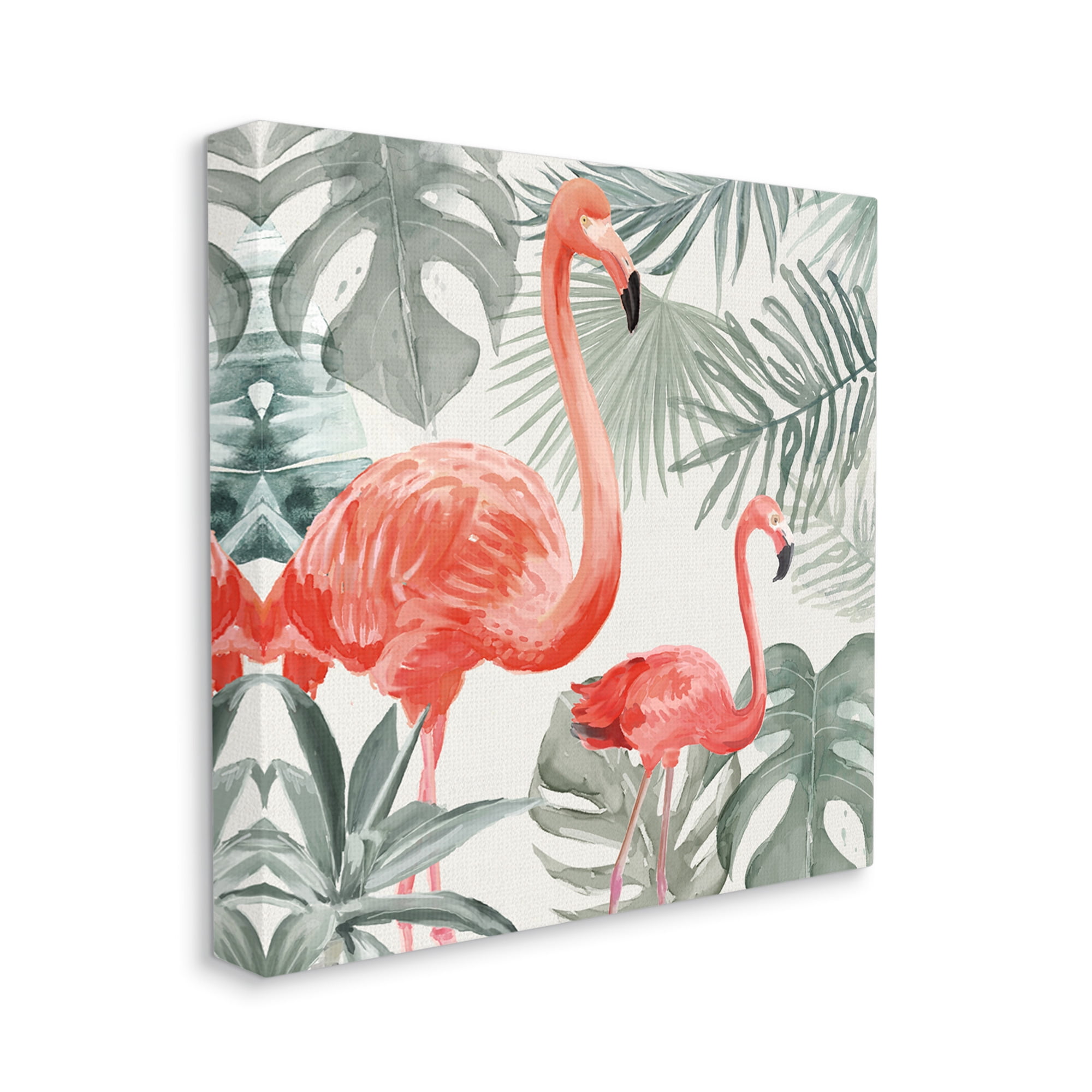 Tropical Flamingo Family Pink Birds Monstera Palm Leaves Animals & Insects Painting Gallery-Wrapped Canvas Print Wall Art