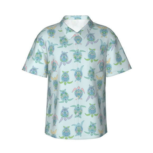 Fotbe Sea Turtle for Men Unisex Summer Beach Casual Short Sleeve Cotton Linen Button Down Shirts,X-Large