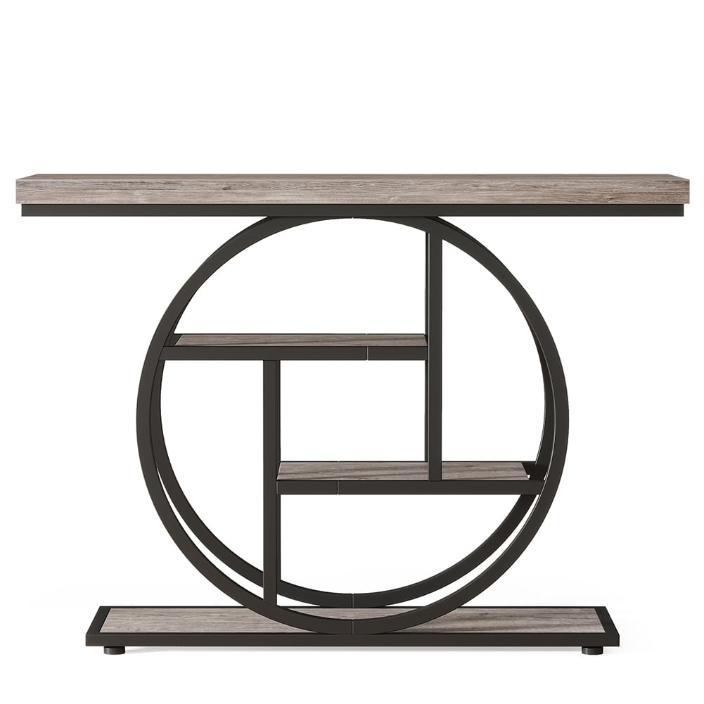 Spaco 41.3" Console Table with 1.57" Thick Tabletop, Industrial 4-Tier Sofa Entryway Table with Circle Base, Gray