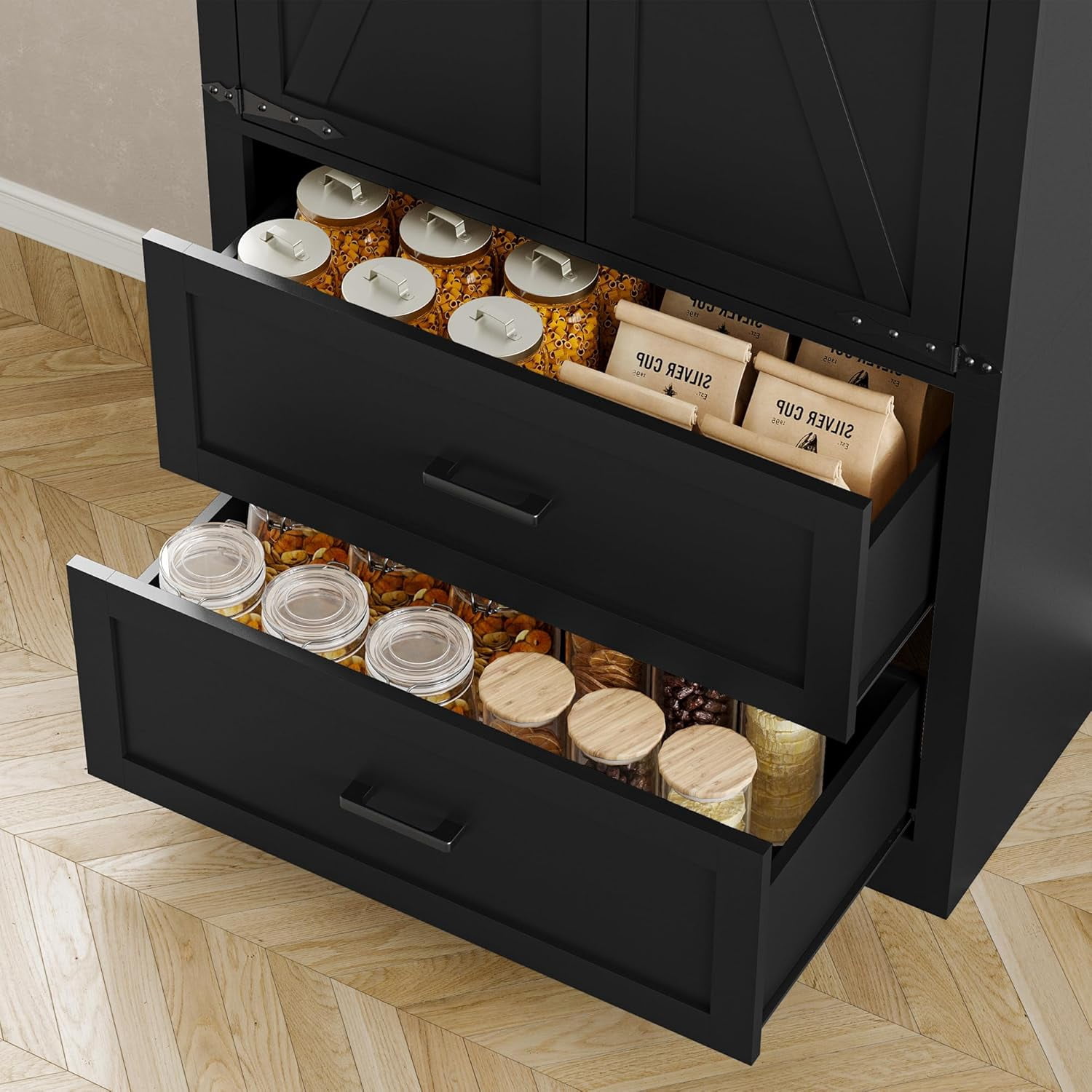 FANRAL 71” Tall Pantry Organizers and Storage Cabinet with Barn Doors & Drawers,Adjustable Shelf for Kitchen Dining Room Living Room Bathroom Office,Black Pantry Cabinet