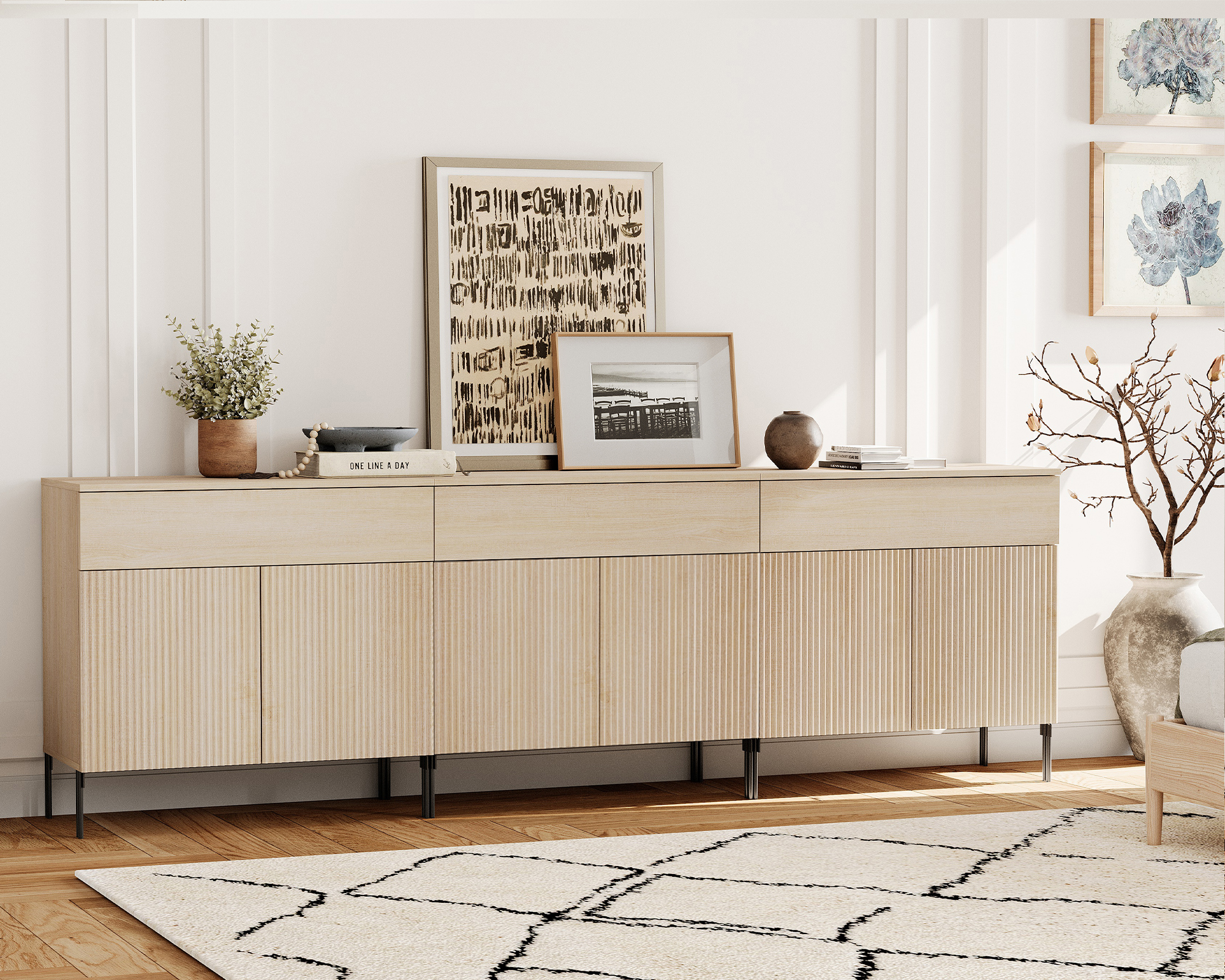 94.5" Wood Reeded Dresser with Drawer for Bedroom, 3-In-1 Minimalist Modern Cabinet, Storage Dresser Organizer for Bedroom Living Room Hallway Closet