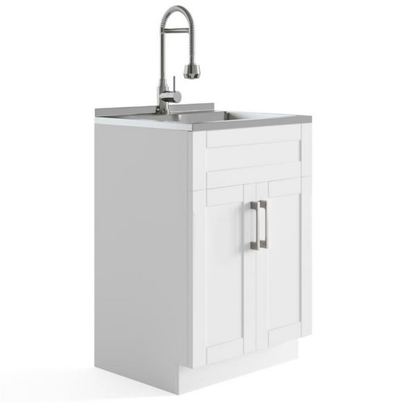 Pemberly Row Contemporary Engineered Wood 24" Laundry Sink Cabinet in White