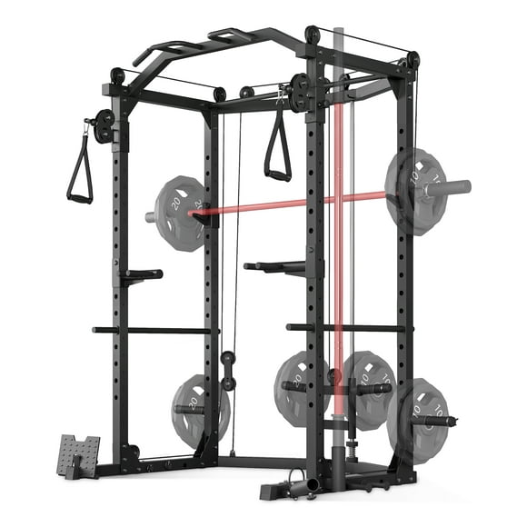 Multi-Function Power Cage Squat Rack, 2000lbs Capacity – Dual Pulley Cable System, Adjustable Home Gym Strength Training Station with Attachments, Storage & Lat Pulldown – Matte Black