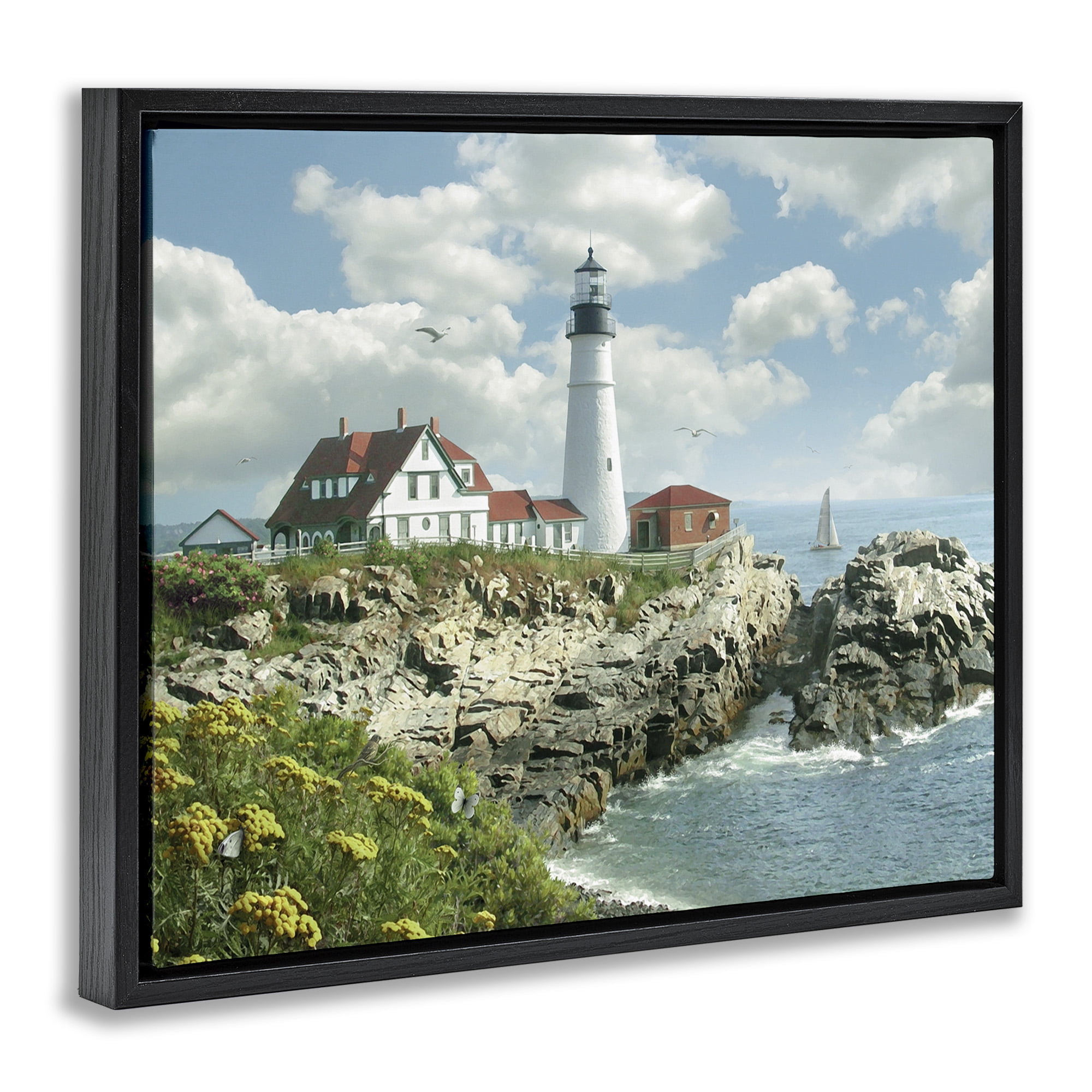 Stupell Industries Portland Lighthouse Peninsula Scene Landscape Painting Black Floater Framed Canvas Art Print Wall Art, 21 x 17