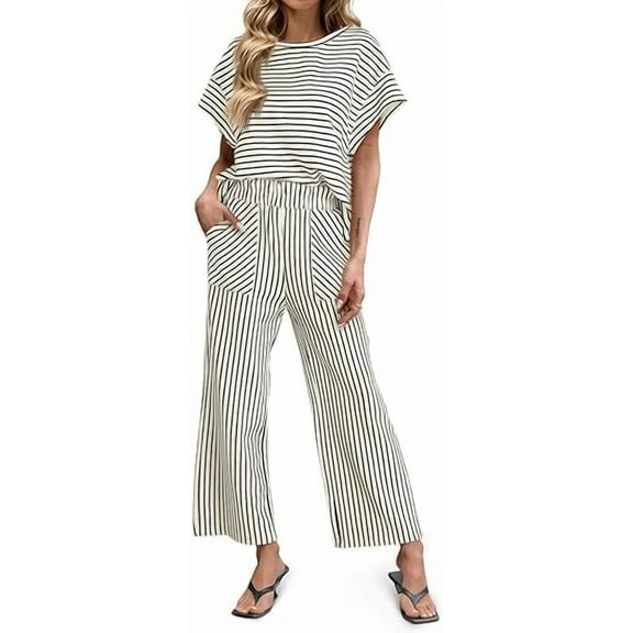 UZMOG Lounge Sets for Women, Striped 2 Piece Pajamas for Women Set Short Sleeve T Shirts Wide Leg Pants Matching Lounge Set with Pockets