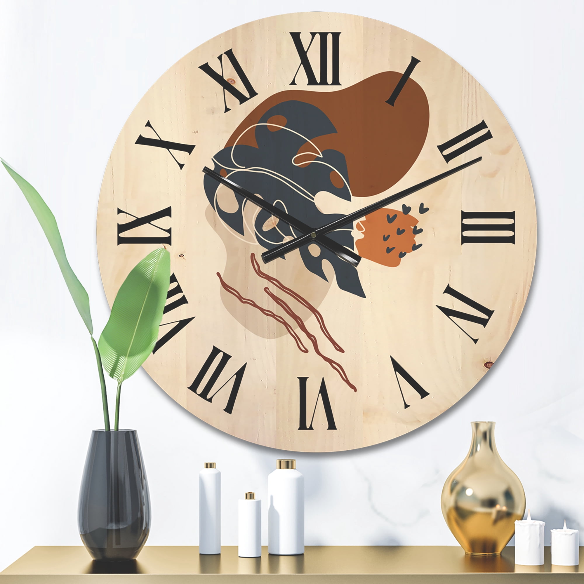 Designart 'Abstract Flowers Plants With Elementary Shapes III' Modern Wood Wall Clock