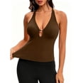 thumbnail image 4 of Women's Workout Tank Tops Summer Deep V Neck Racerback Ribbed Knit Fitted Going Out Camisole Tops Coffee, 4 of 8