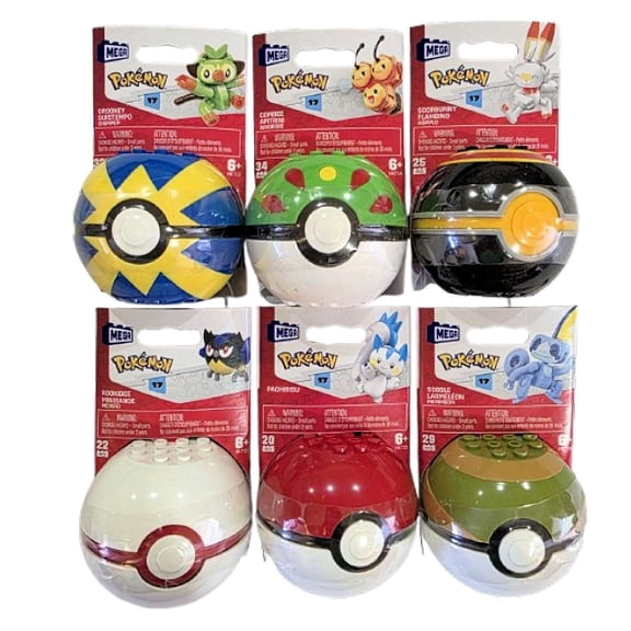 MEGA Pokémon Poké Ball Figures Building Set of 6, Series 17, Grookey, Combee, Scorbunny, Rookidee, Sobble, Pachirisu, Ages 6 FPM00-963H