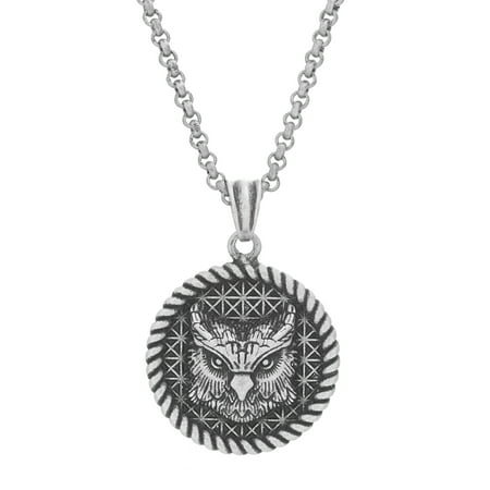Oxidized Owl - Mens 26 Rope Design Owl Pendant Necklace in Oxidized Stainless Steel