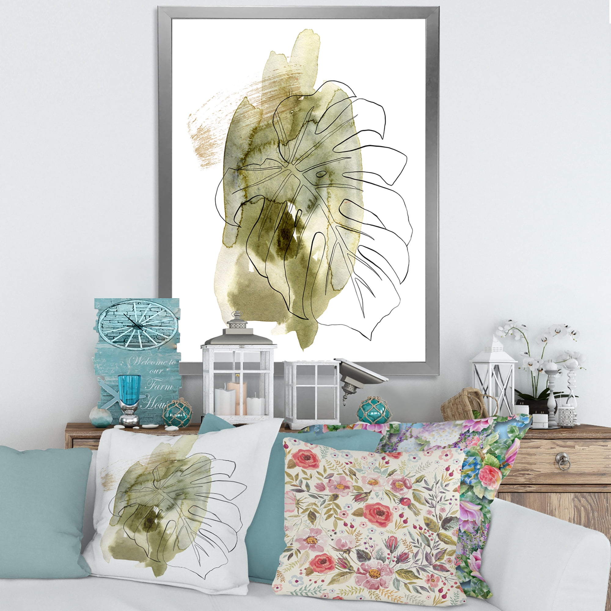 Designart 'Line Art Monstera Branch Tropical Abstract Leaves on Green' Traditional Framed Art Print