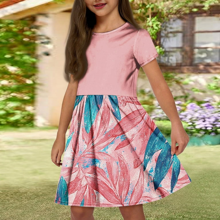 Baby Dress Kids Girls Summer Colorful Leaf Floral Print Round Neck