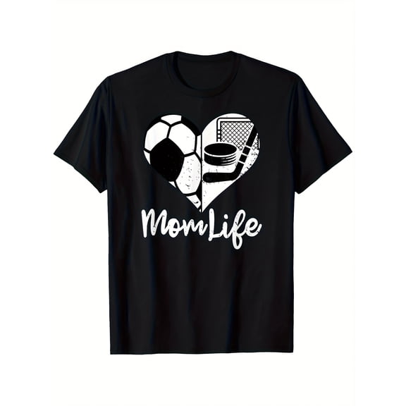 Retro Mom Life Soccer Hockey Heart Graphic Tee Cute Sports Mother's Day Women's Short Sleeve T-Shirt