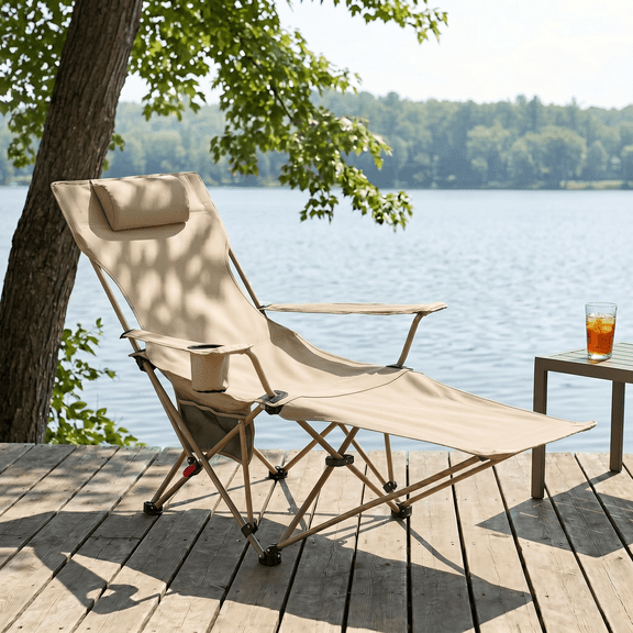 COMHOMA Foldable Camping Recliner Chair | Adjustable Lounge Chair with Detachable Footrest & Headrest for Outdoor Travel & Nap,Khaki