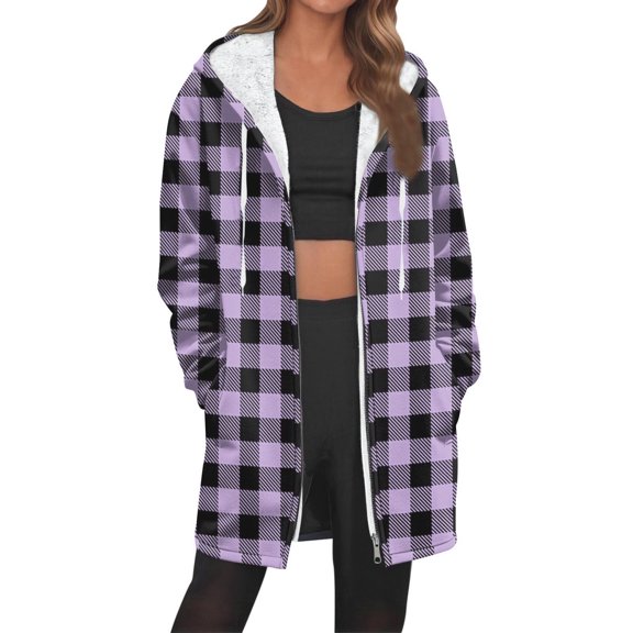 Winter Zip up Fleece Jacket for Women, Plaid Oversized Long Hoodie Fuzzy Jacket, Warm Trendy Coat with Pockets