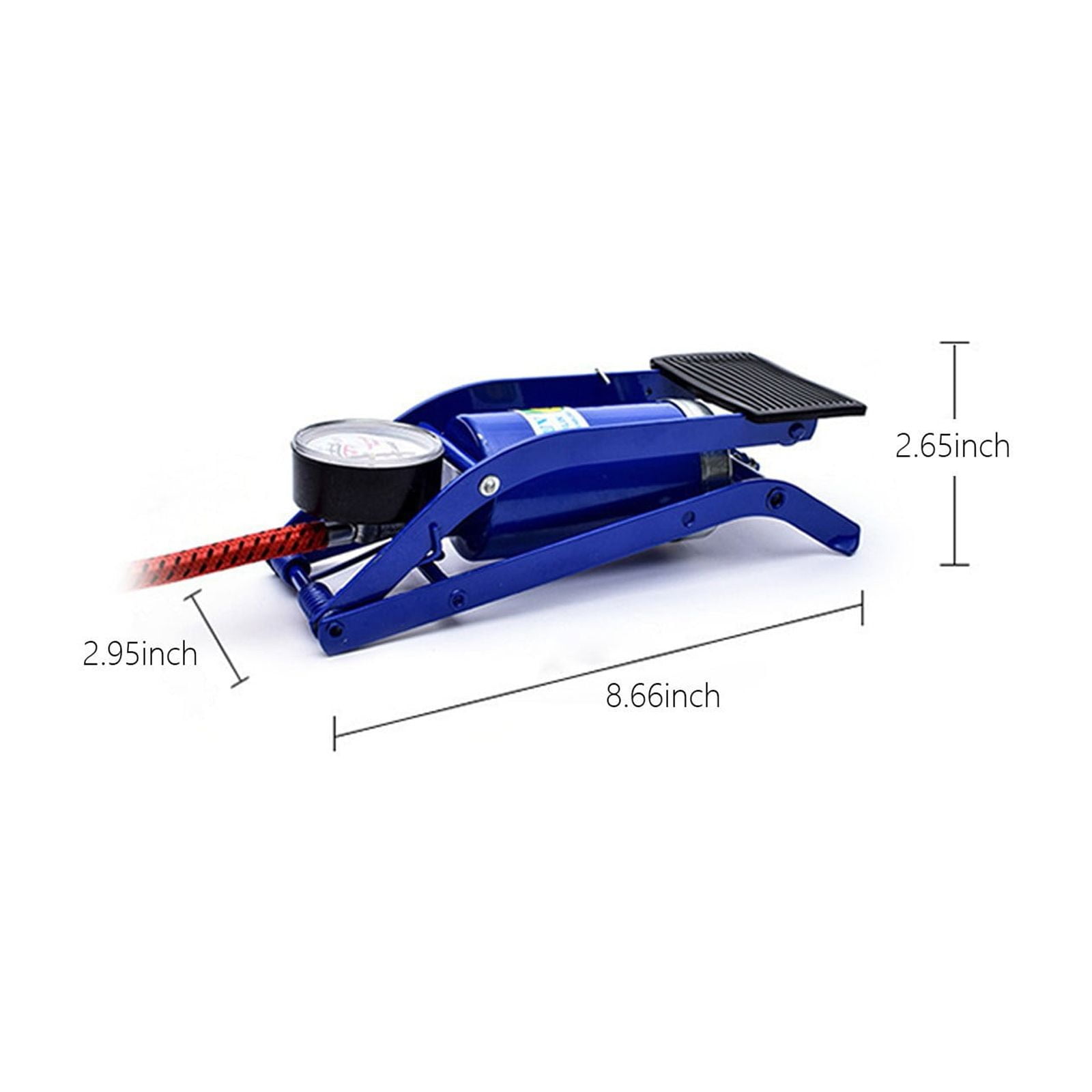 Protable Tire Inflator, Blue Foot Pump with Pressure Gauge, Braided Hose and Needle Valves with Adaptors, Suitable for Motorcycles, Bicycles,Balls(2.9x8.6x2.6inch)