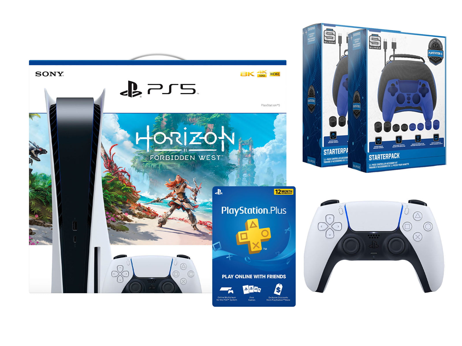 Playstation 5 Disc Edition Horizon Forbidden West Bundle with Extra White Controller, PSN 12 Month Membership and 2-Pack Surge Pro Gamer Starter - Walmart.com