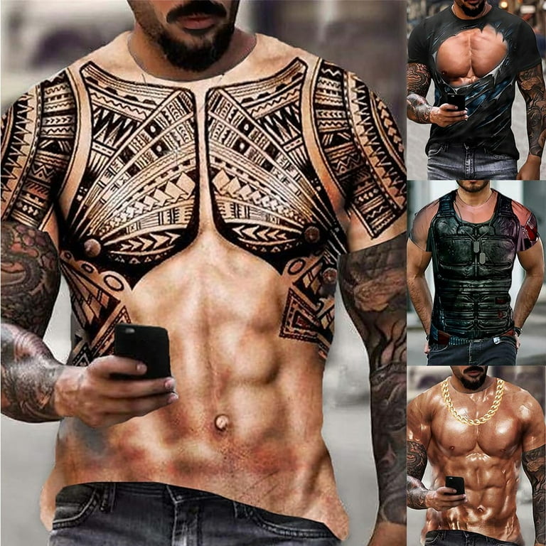 Men 3D Muscle Tattoo Print T Shirt Short Sleeve Digital Printing Shirts Tops Tee