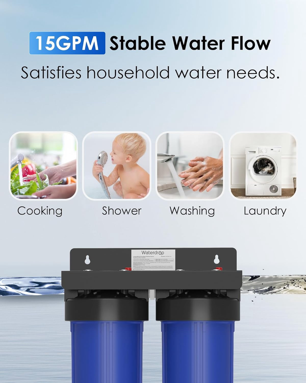 Waterdrop Whole House Water Filter System, with 10" x 4.5" Sediment Filer and Carbon Filter, 5-Stage Filtration,Highly Reduce Chlorine, Lead, Taste, and Odor