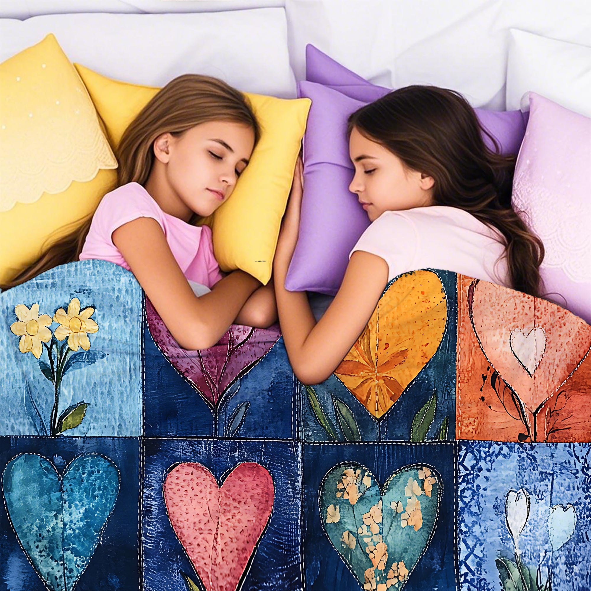 Sherpa Fleece Throw Blanket 40"x 50" Reversible Plush Fluffy Blanket, Double-Layer Super Soft Flannel Blanket for Sofa, Couch, Bed, Patchwork Floral & Heart Pattern