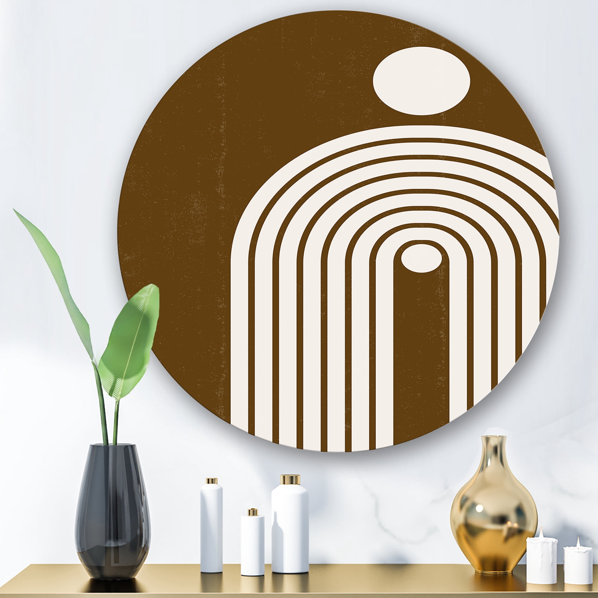 Designart 'Terracotta Minimalist Boho Rainbow With Sun' Modern Circle Metal Wall Art 11x11 - Disc of 11