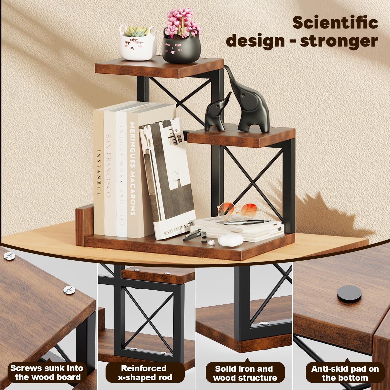 3-Tier Wood Desk Shelf Organizer Riser, 12.6 Inch Compact Desktop Hutch Storage Display Stand Set