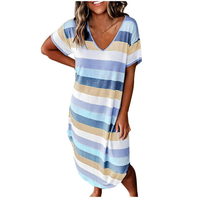 QIPOPIQ Robes pour Femmes Longues Fluides Robe à Étages Manches Courtes Col en V Imprimé à Rayures Robe d'Été Douce Robe de Bureau Élégante Confortable Offres 2023