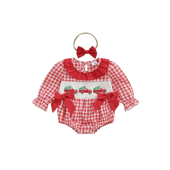 Miaouyo Infant Baby Girl Christmas Plaid Bubble Romper 0 3 6 12 18 Months Tree Embroidery Smocked Long Sleeve Jumpsuit with Headband