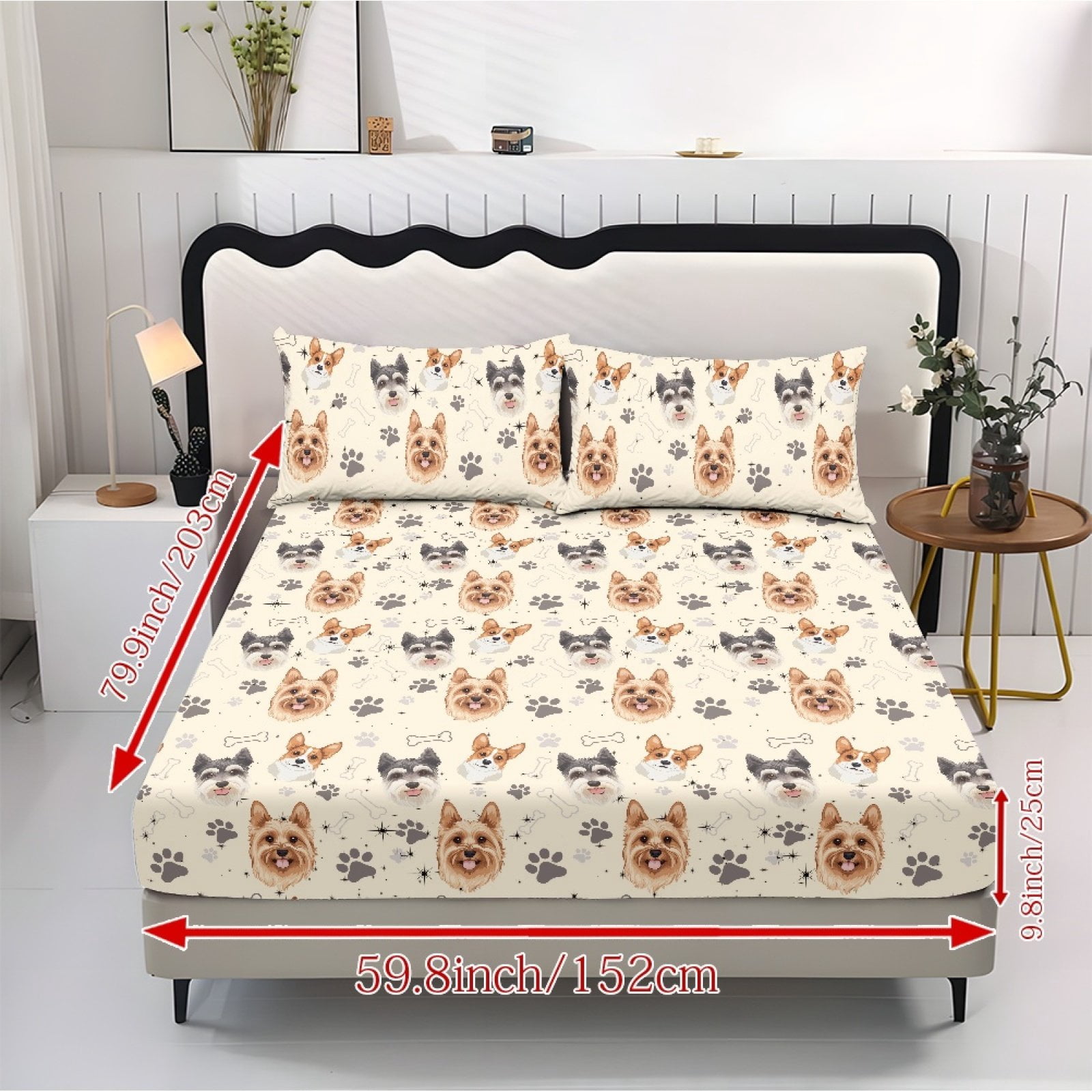 COEQINE Queen Sheet Set 3 Pieces Bedding Set, Comfort Fade Resistant Fitted Sheet with 2 Pillowcases, Winter Bottom Bedsheet Easy & Secure Fit, Cute Yorkshire Corgi Paw