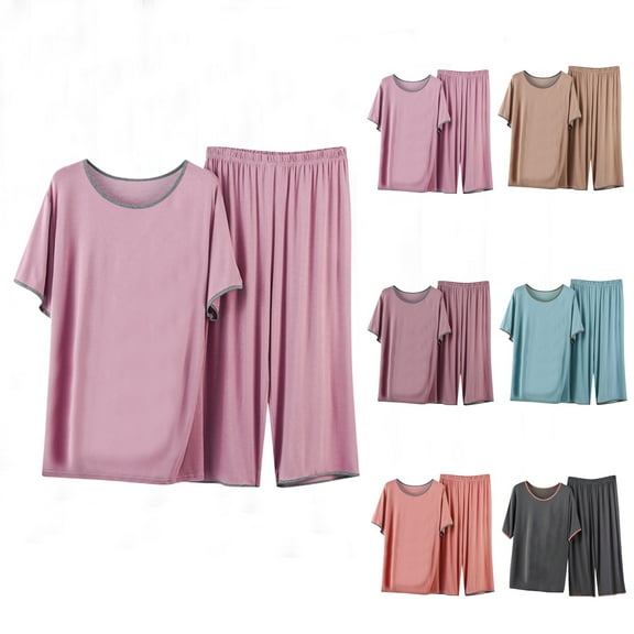 Dgankt Womens Pajamas Thin Pajamas Loose Casual Ice Silk Short Sleeved Capris Home Clothing Set,Size L-2XL