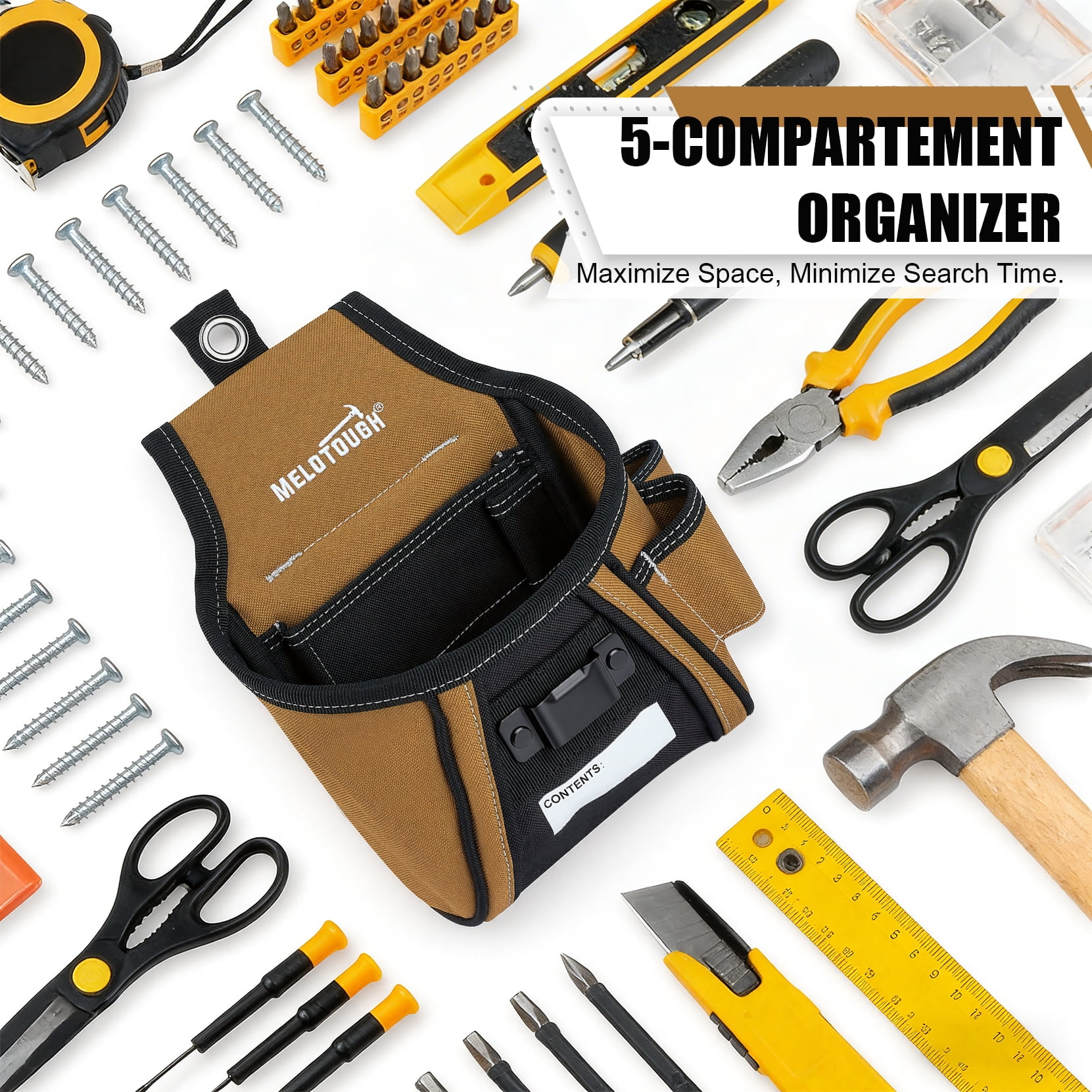 MELOTOUGH Nail and Screw Organizer Bag for Electricians and Carpenters, Tool Belt Pouch with Belt Clip, Heavy Duty Work Fastener Pouch