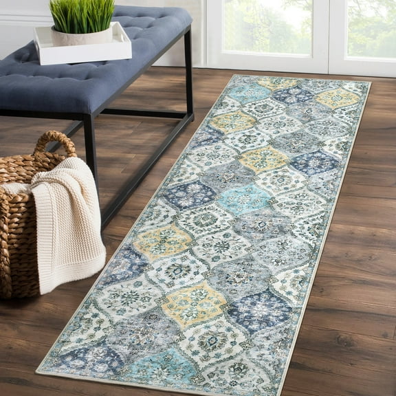 FairOnly Machine Washable Boho Vintage Floral 2'x8'Runner Rugs for Hallway Low Pile Stain Resistant Oriental Floor Cover for Kitchen Laundry,Blue Yellow