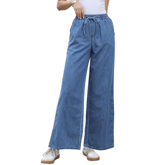 Wide Leg Jeans Women High Waisted Elastic Waist Drawstring Casual Loose Fit Denim Pants with Pockets XS Blue
