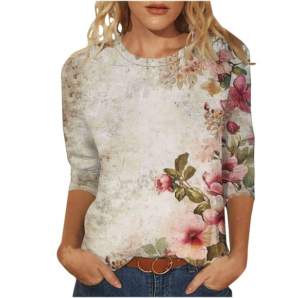 HKEJIAOI Womens Floral Printed 3/4 Length Sleeve Shirts Round Neck Loose Fit T-Shirts Casual Fashion Pullover Tops, Khaki-C 2XL