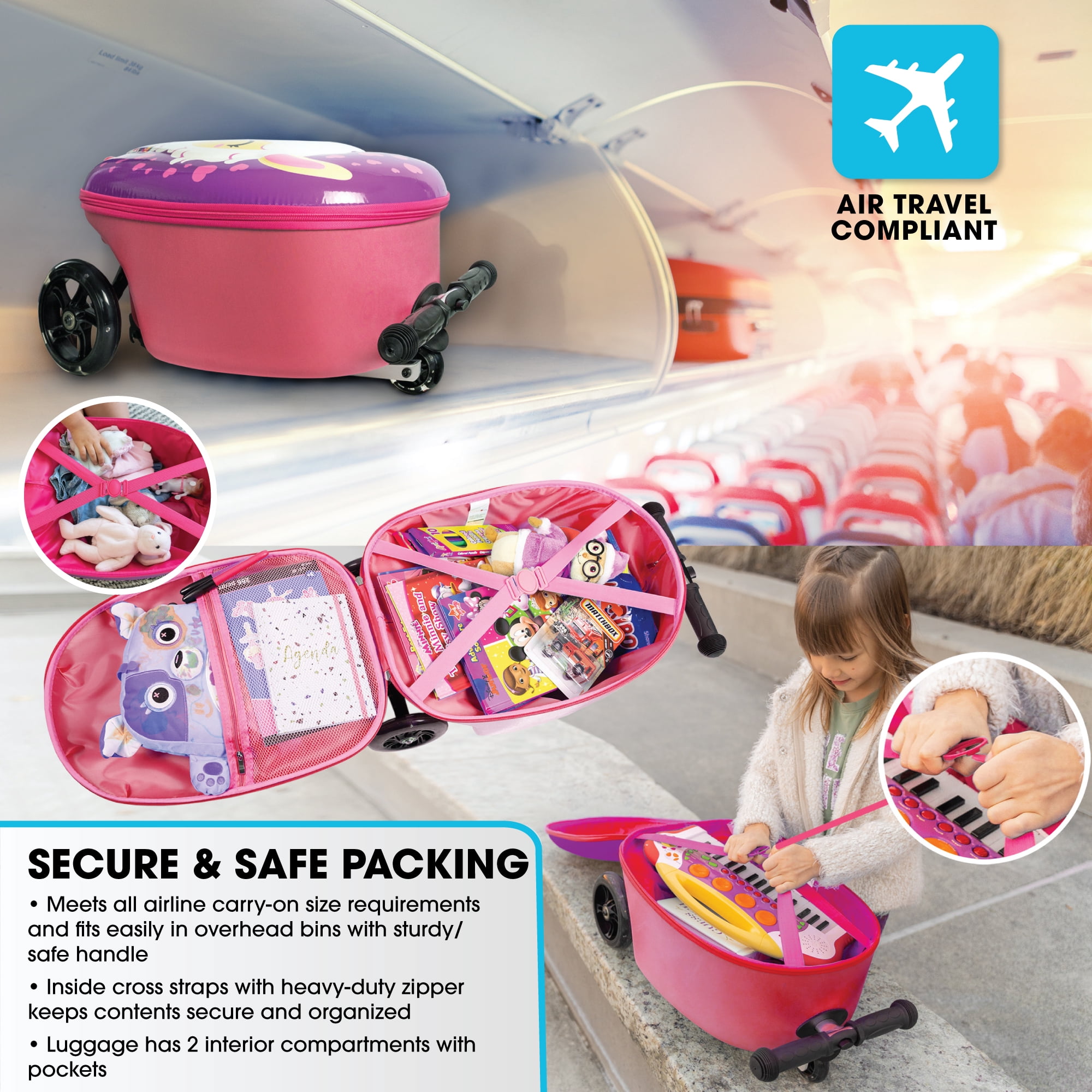 Kiddietotes 19.50" Kids 3-D Hardside Llama Scooter Luggage Ride On Suitcase, Pink