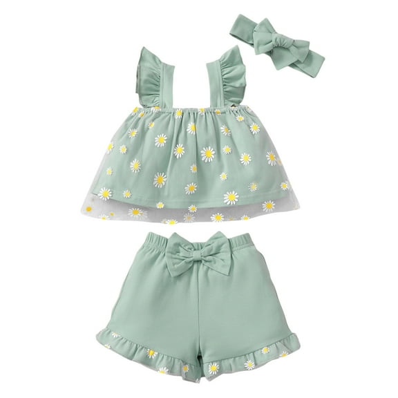 XZNPDUCQ Toddler Girls Summer Outfit Short Sleeve T-Shirt Tops Elastic Waist Shorts Set Cartoon Print 2PCS Set kids For 6 12 18 24 Months 2T 3T 4T 5T Dailywear Green,9-12 Months