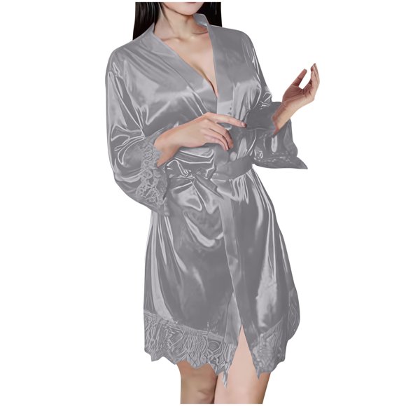 Bridal Robe Women's Lace Satin Kimonos Short Robes, Lace Trim Bride Bridesmaid Sleepwear Robes, Satin Bridal Party Bathrobe for Wedding Nightgown S-1 Gray M