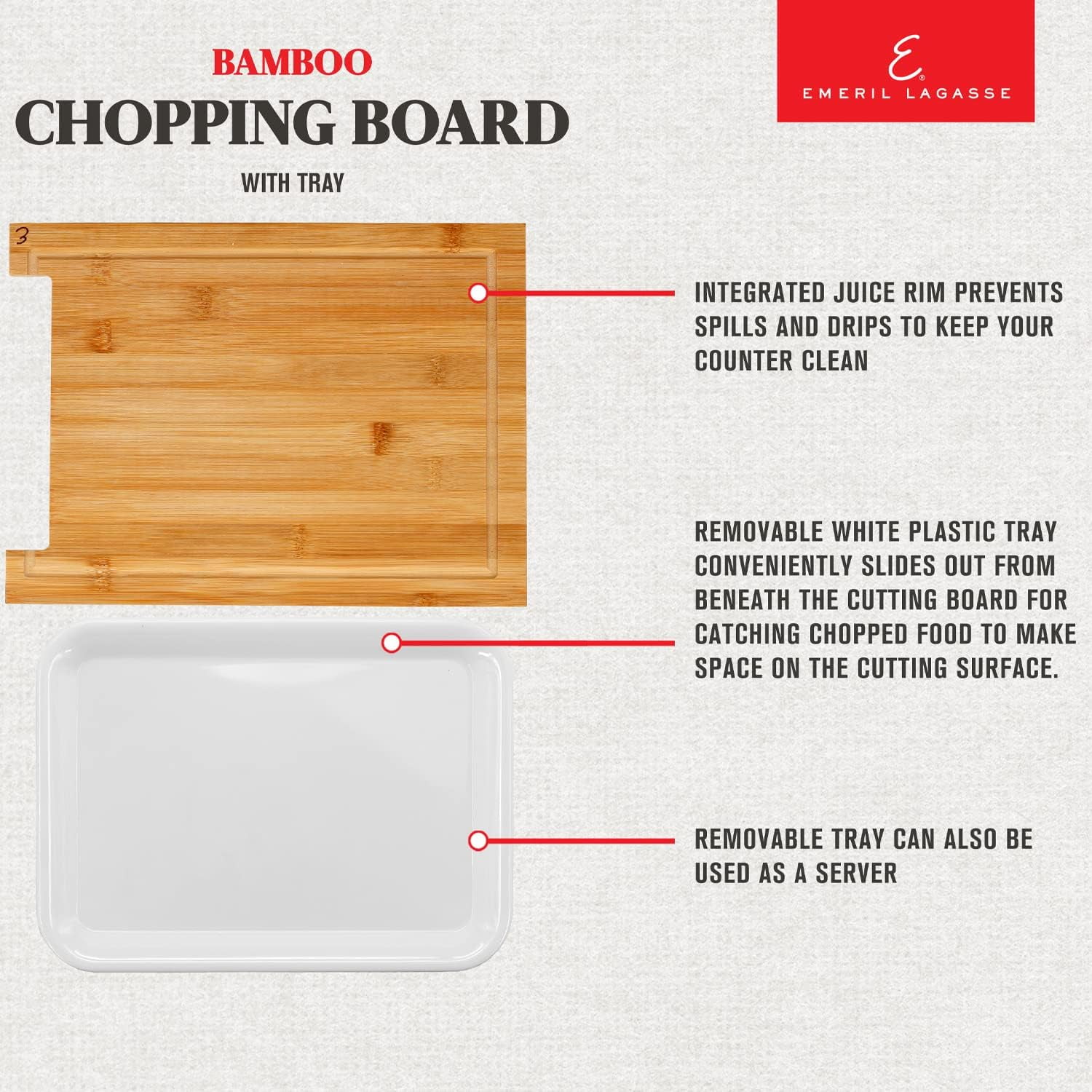 Emeril Lagasse Bamboo Cutting Board with Tray – Multifunction Wood Cutting Board with Pull-Out Container, Juice Groove, Anti-Skid Design, Kitchen Gift Idea