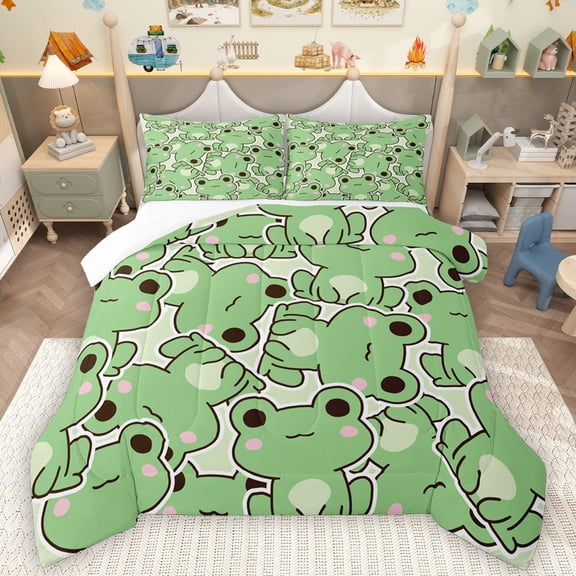 Homewish Kawaii Frogs 2pcs Bedding Comforter Set For Preppy Children,Cartoon Animal Twin Comforter Sets,Green Pink Breathable Bedding Set,Microfiber Bedroom Decor