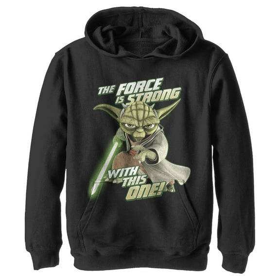 Boy's Star Wars: The Clone Wars Yoda Force Is Strong Pull Over Hoodie Black X Large